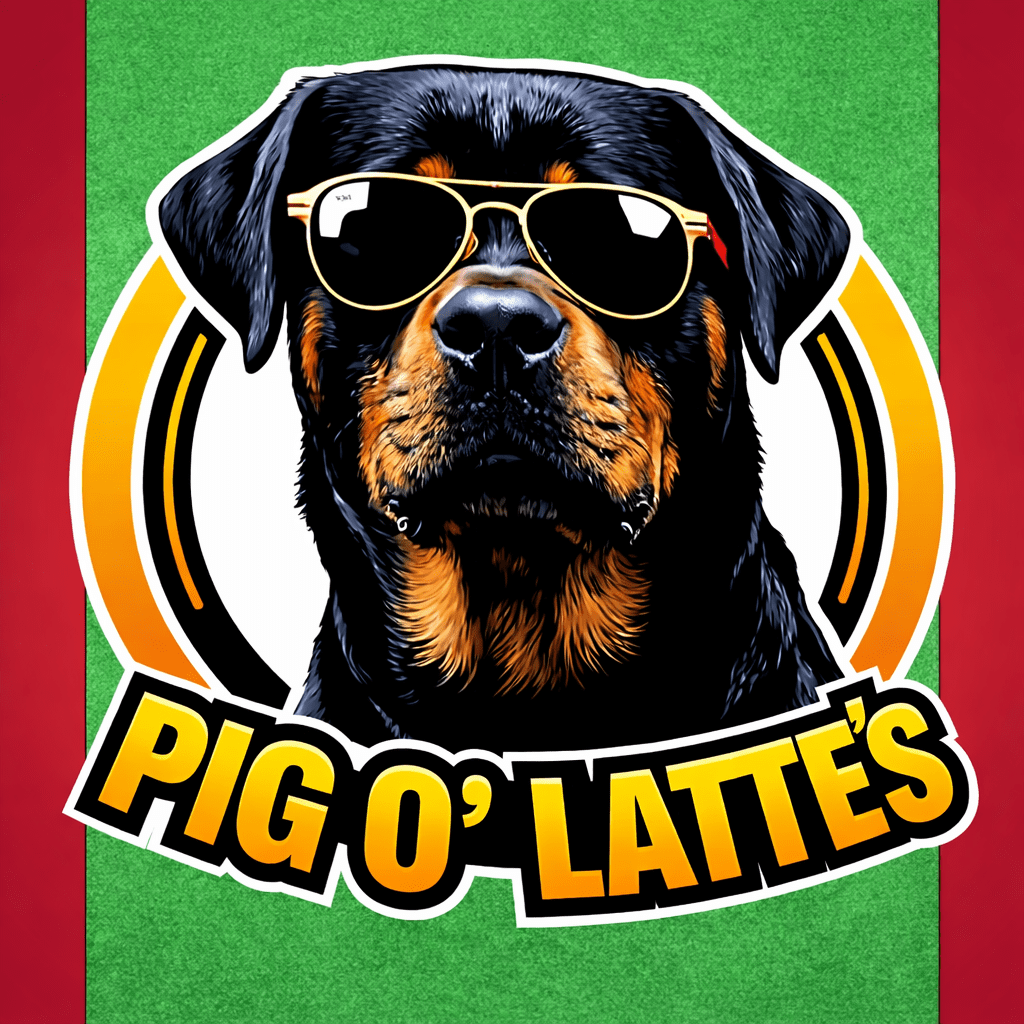 Pig O’Latte’s logo featuring a Rottweiler wearing sunglasses with bold gold lettering on a green background representing a local Grants Pass sandwich and coffee brand