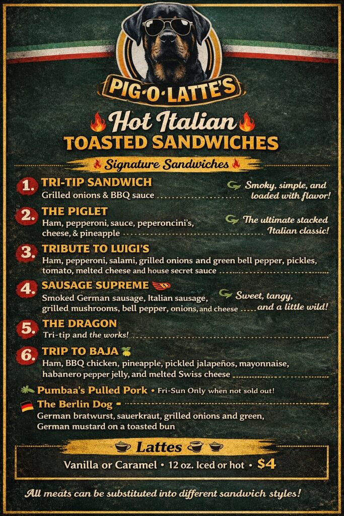 Pig-O-Latte’s food truck menu featuring BBQ Italian sandwiches and coffee Grants Pass