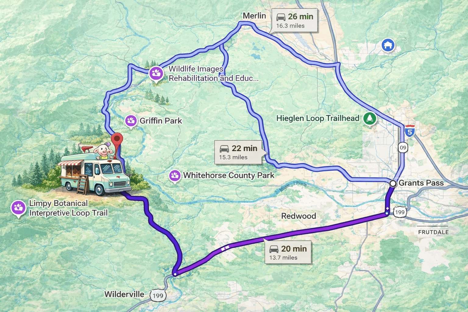 Grants Pass Oregon map showing route to Pig-O-Latte’s food truck on Riverbanks Road in Josephine County
