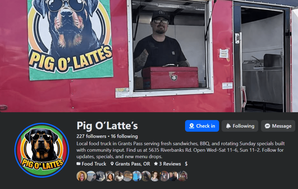 Pig-O-Latte’s food truck in Grants Pass Oregon with hours and social updates for BBQ Italian sandwiches and coffee