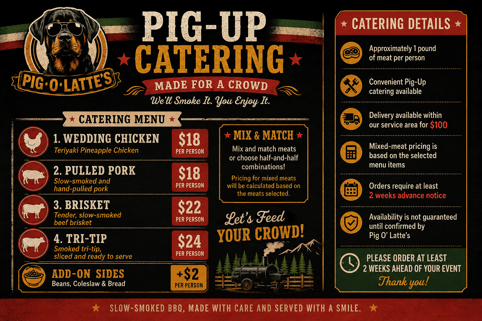 Pig O’Latte’s Pig-Up BBQ catering menu in Grants Pass Oregon featuring wedding chicken, pulled pork, brisket, tri-tip and catering sides